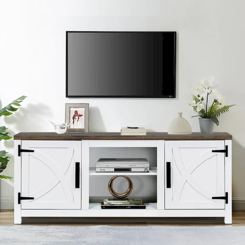 58-inch Farmhouse White Barn Door Media Console TV Stand for TVs up to 65