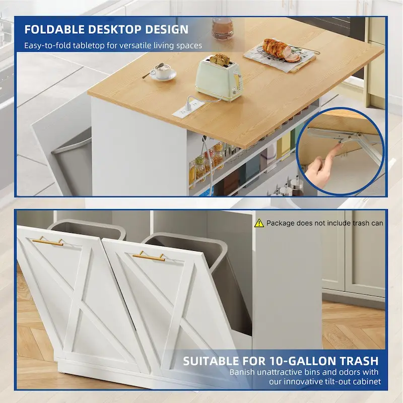 Moasis Kitchen Island Drop Leaf Double Tilt Out Trash Cabinet with Power Outlet & Wheels
