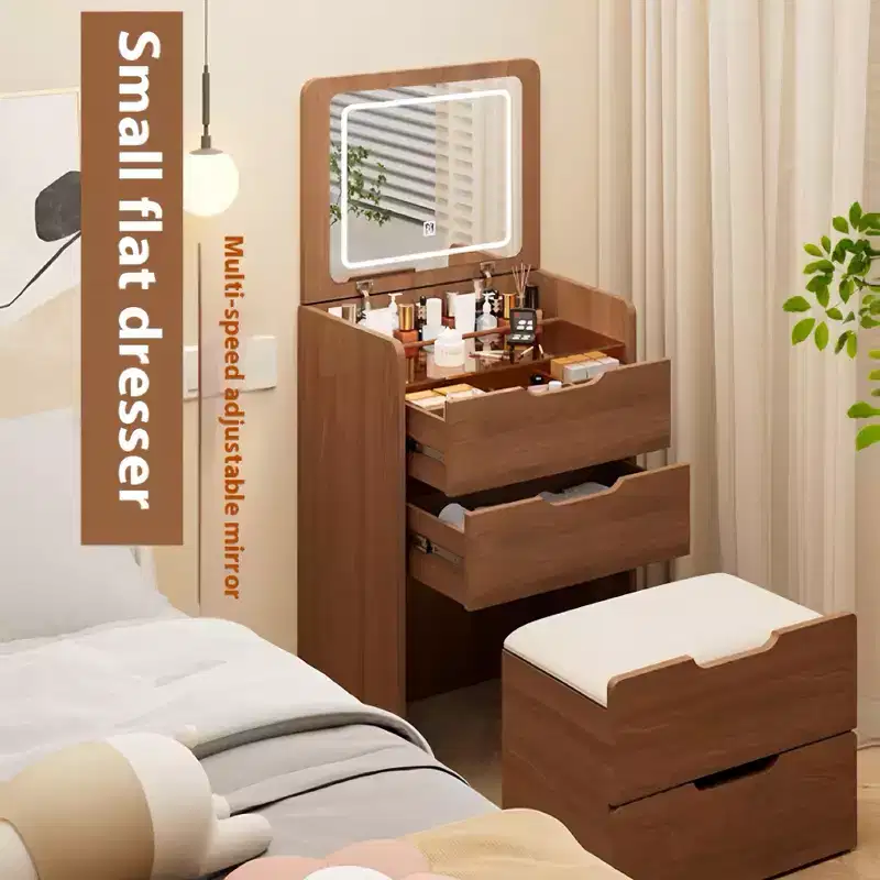 JVNOXK 3 in 1 Vanity Desk with Plip Top Mirror,Small Make Up Vanity Set with Visible Glass Desktop, Compact Makeup Vanity with 3 DrawersWalnut