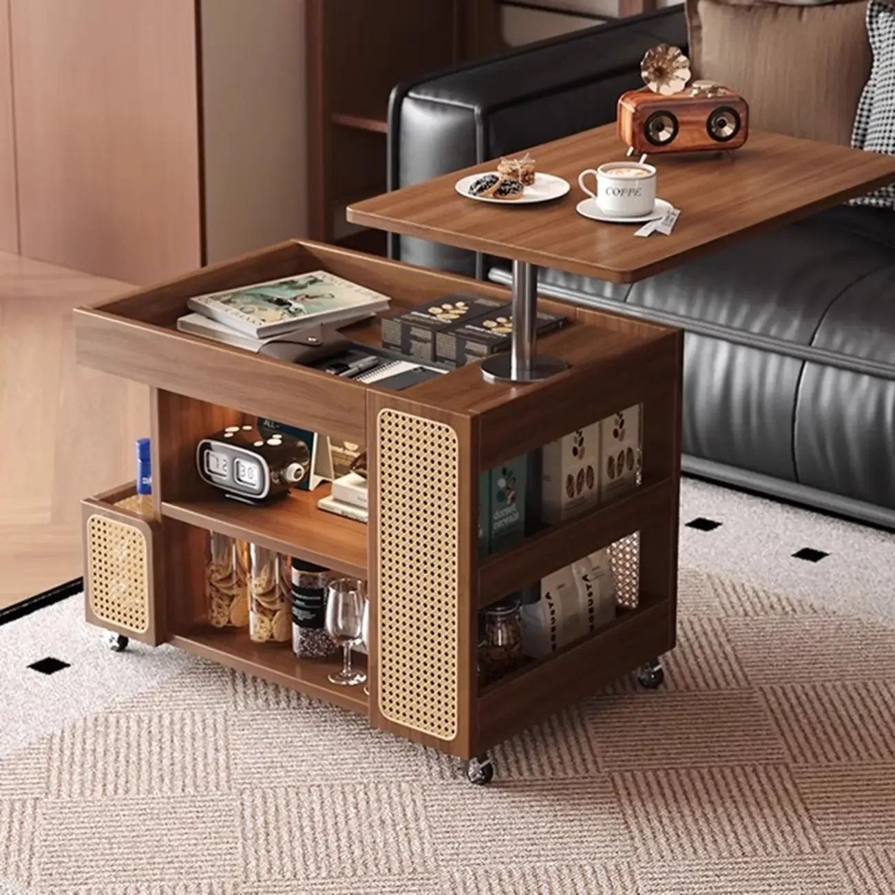 Nut-brown Adjustable Lift Top Wood Trolly Side Table