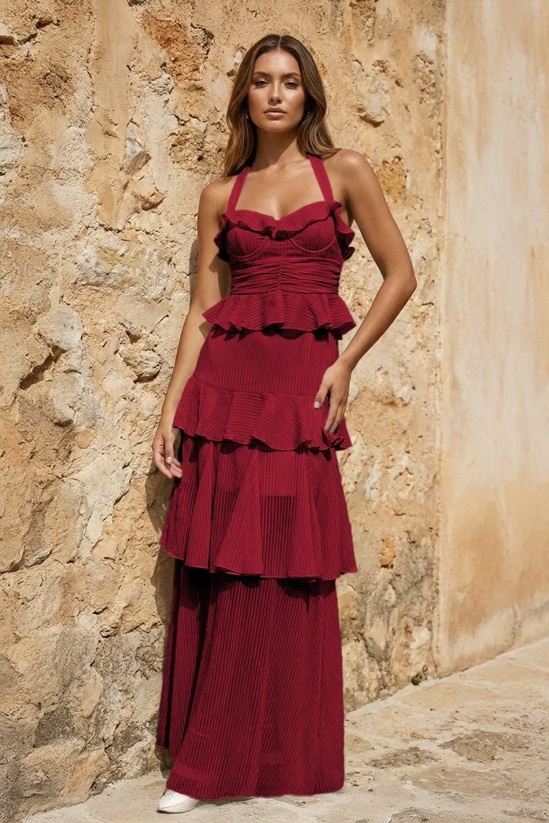 Sky Blue Halter Sheath Pleated Chiffon Long Prom Dresses With Ruffles