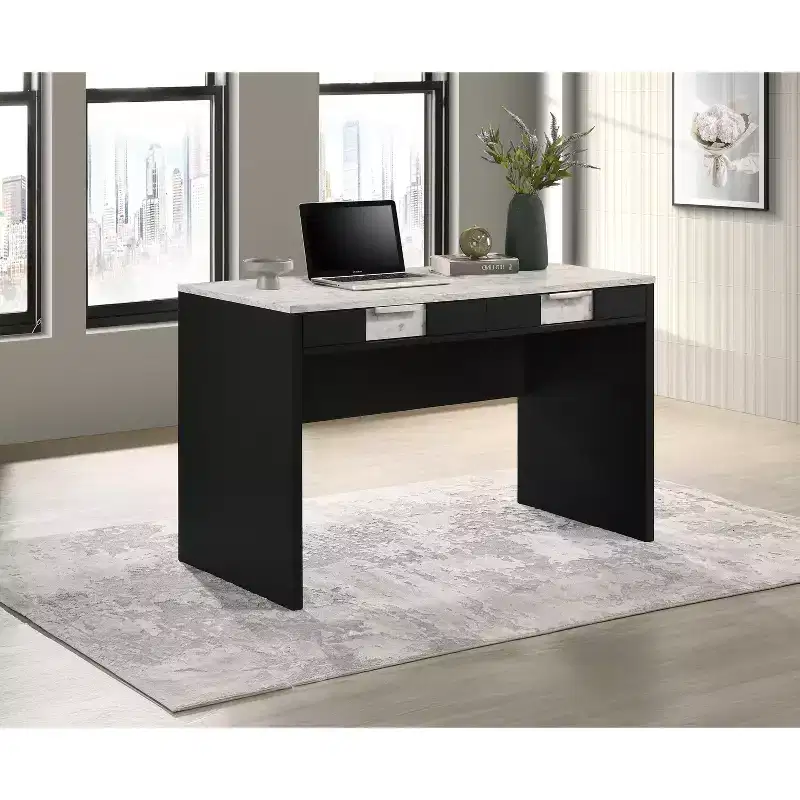 Okak 47.9IN Modern Office Desk with Marble Texture/Wood Grain, Computer Desk with 2 Storage Drawers, Standing Desk for Living Room, Study, Office