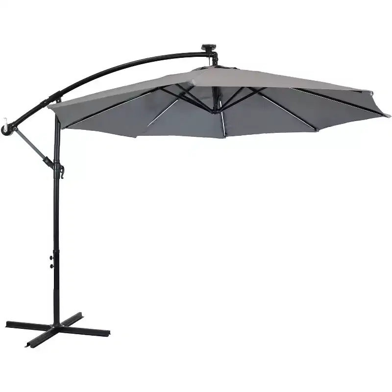 Sunnydaze Outdoor Steel Cantilever Offset Patio Umbrella with Solar LED Lights, Air Vent, Crank, and Base - 9'