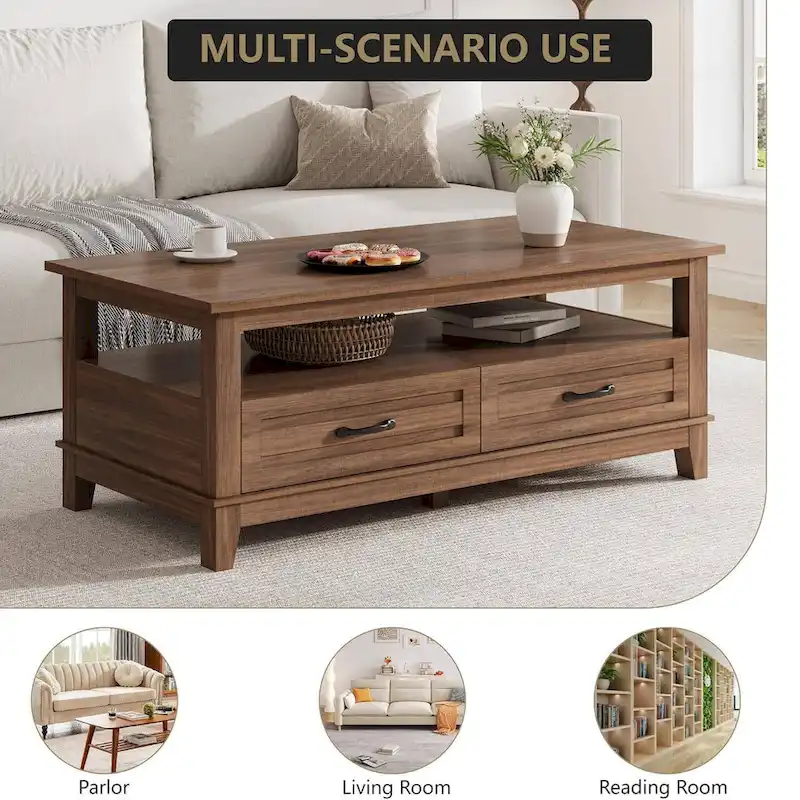 Walnut Coffee Table with Drawers and Open Shelf