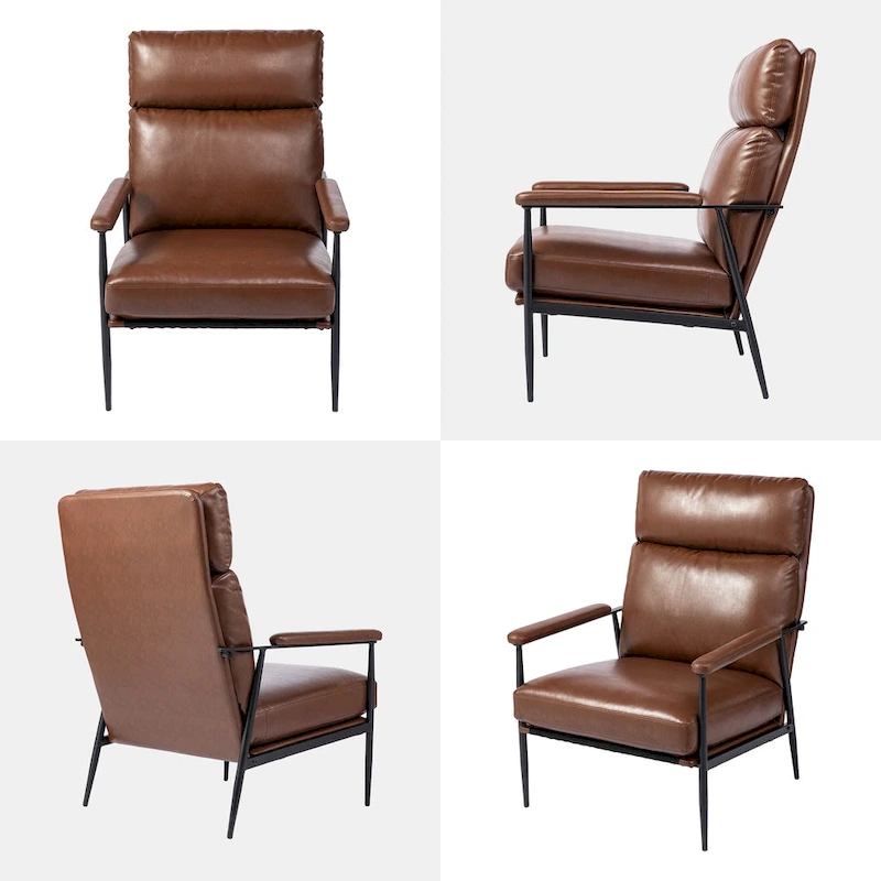 Glitzhome 33.75W Mid-Century Modern Leatherette Armchair With High Back and Padded Arms - 33.75 W x 39.5 H x 28 D