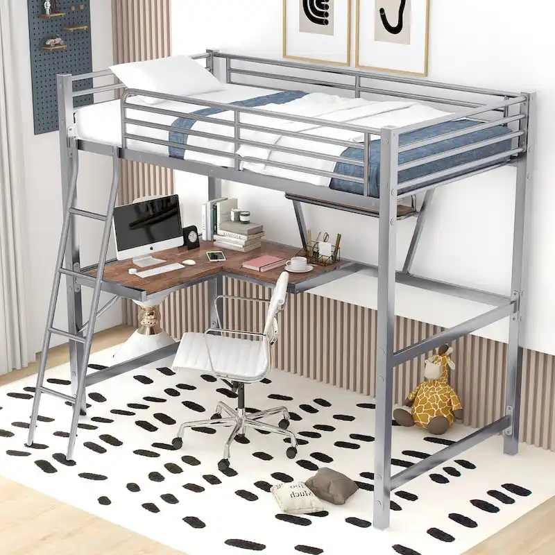 Metal Loft Bed with Desk and Guardrail