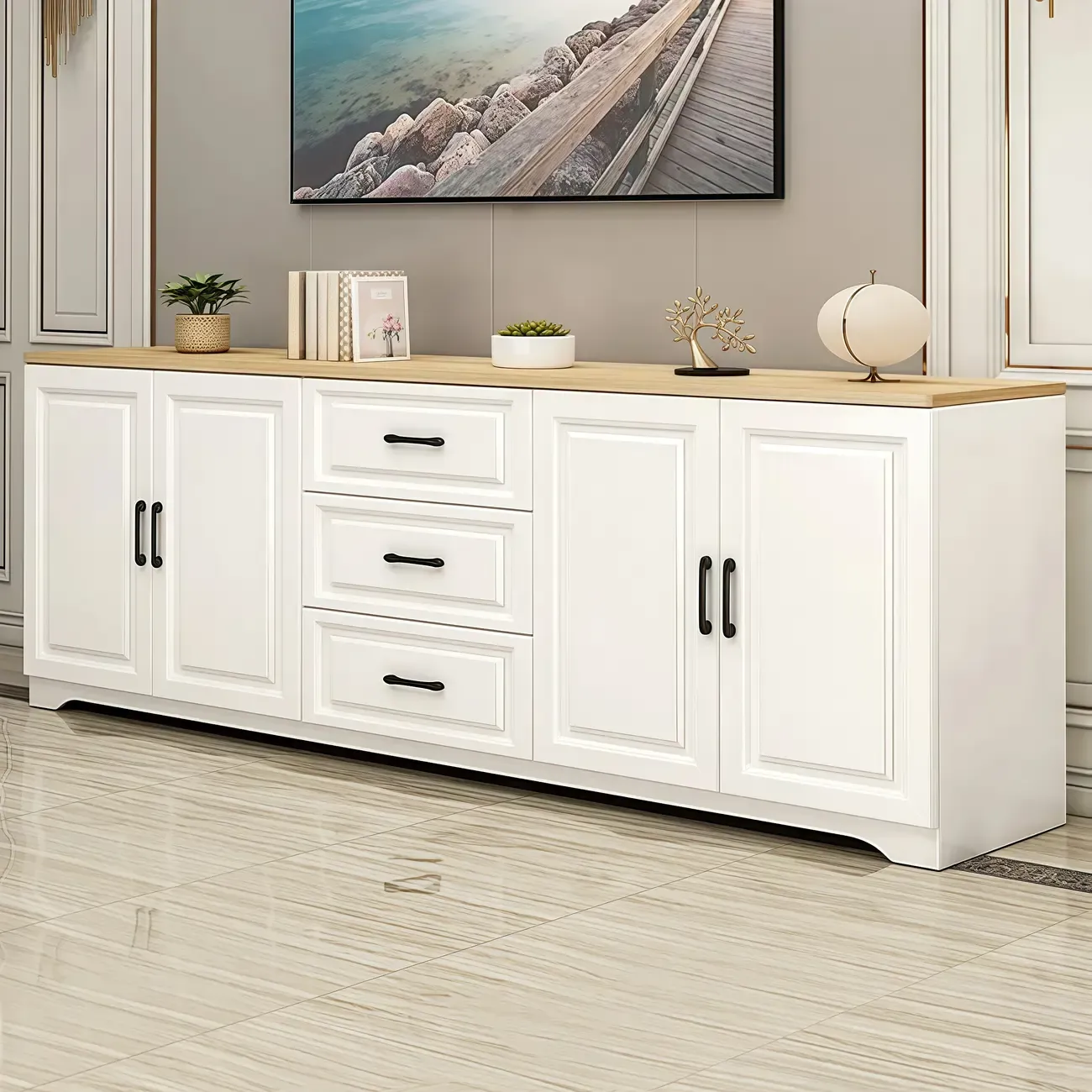 Modern Rectangular White 3-Drawer Wooden TV Stand