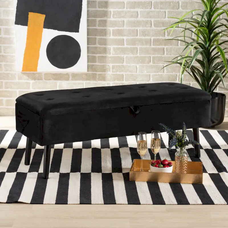 Caine Modern and Contemporary Velvet Wood Storage Bench
