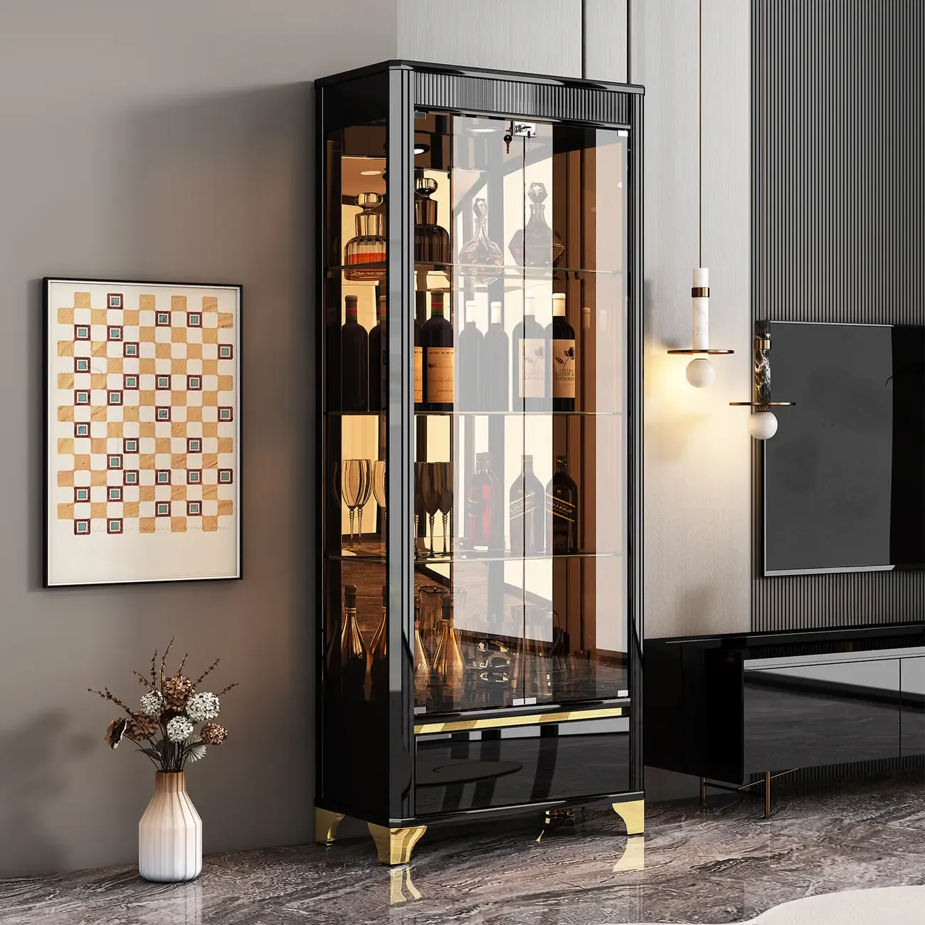 Elegant Black Clear Glass Display Cabinet with Drawers