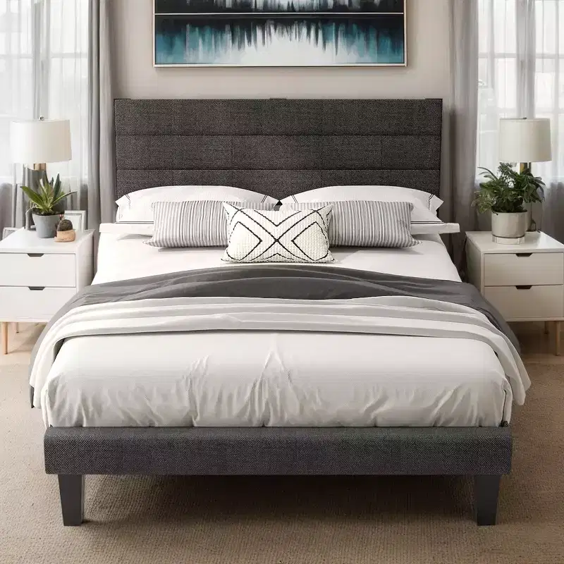 Karl Home Twin Size Upholstered Bed Frame, Platform Bed with Headboard Gray