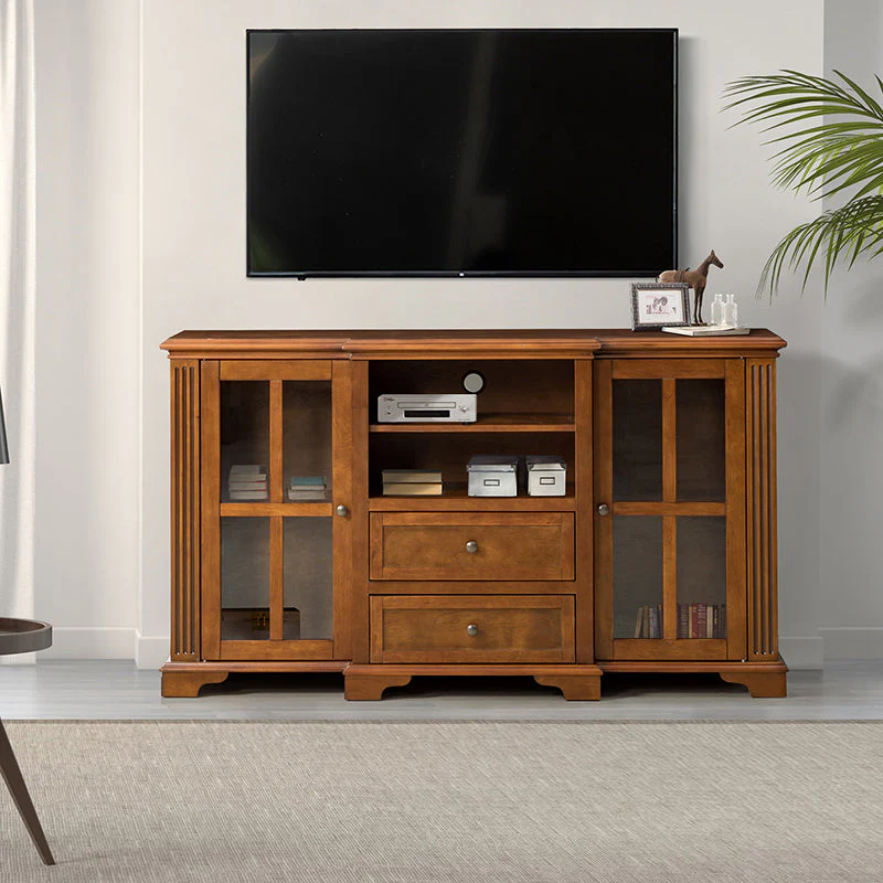 TV Stand for TVs up to 65 in with Glass-Door Cabinets, 2 Drawers, Open Shelves & Cable Management | Acorn / Walnut | Single