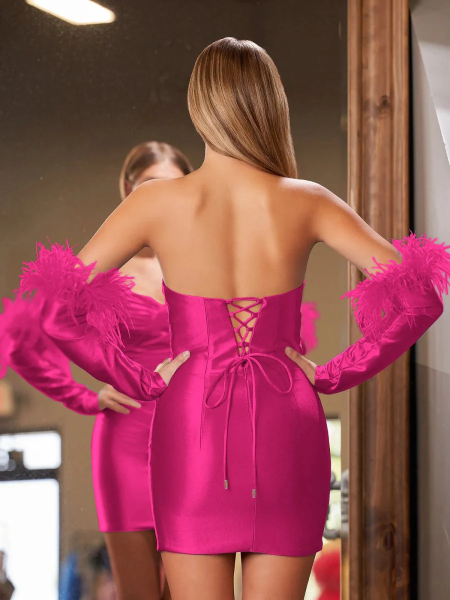 Sheath Satin Strapless Fitted Homecoming Dress with Long Sleeves