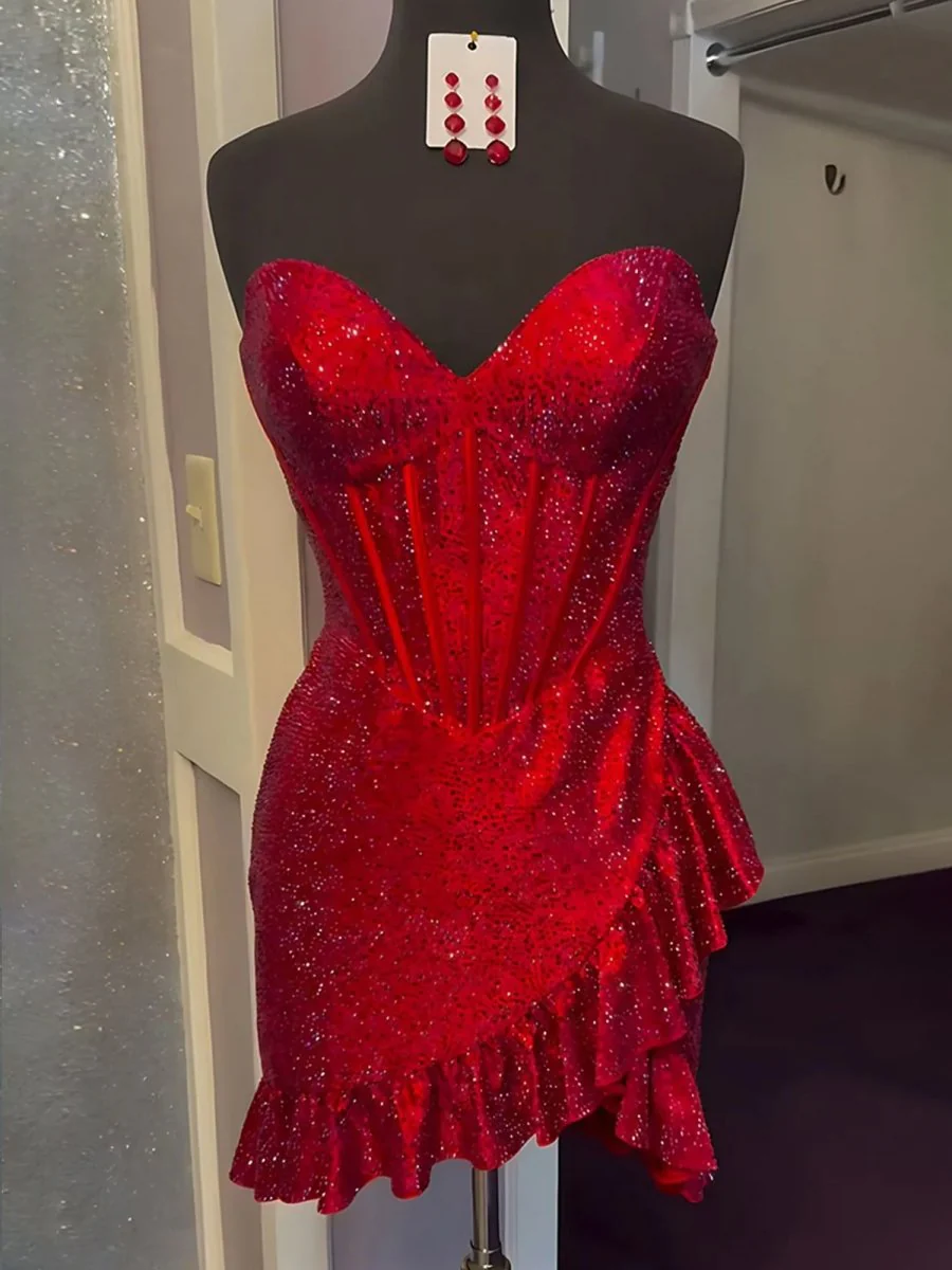 Red - Strapless Beaded Bodycon Mini Party Dresses With Ruffles