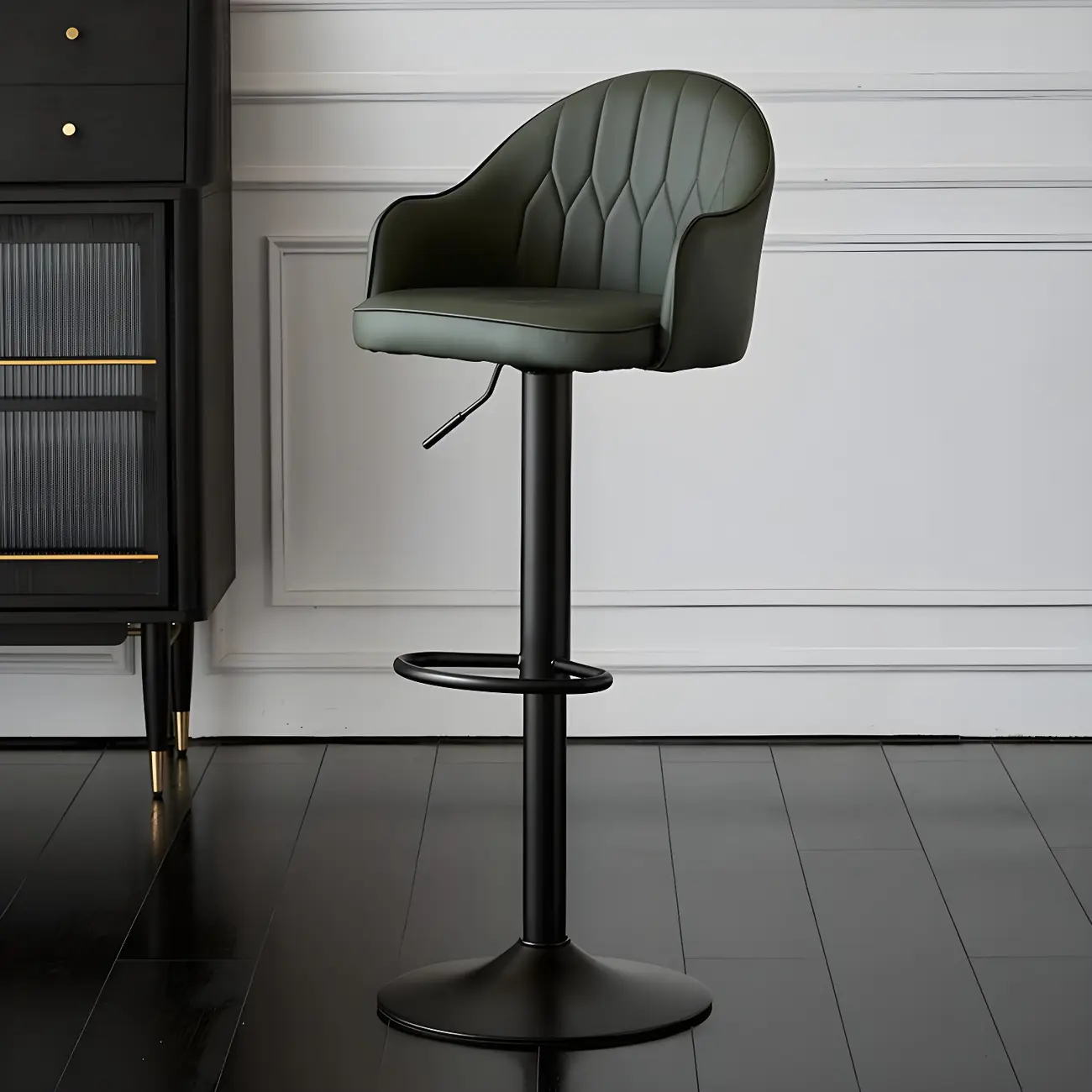 Swivel Upholstered Adjustable Height Home Armed Barstool with Metal Base