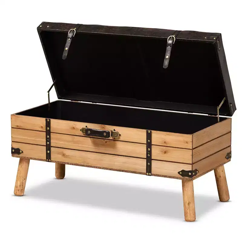 Amena Wood Large Storage Ottoman Dark Brown/Oak - Baxton Studio: Upholstered Bench with Polyester Fabric