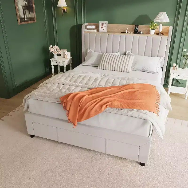Full Size Bed Frame with Storage Headboard & Charging Station,Upholstered Platform with Storage Drawer, Wooden Slat Support, Noise-Free, Beige