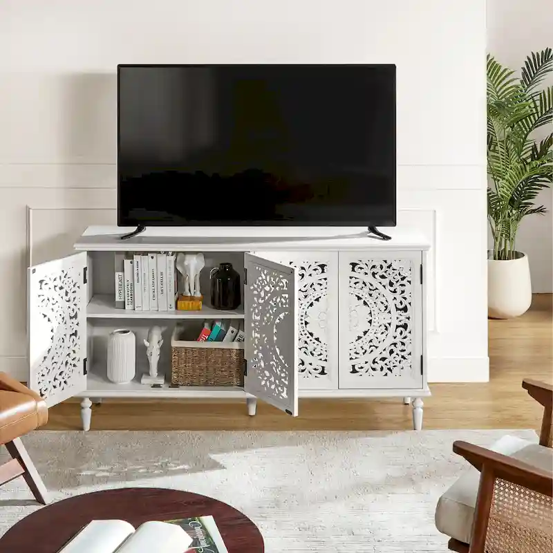 White/Blue Traditional Carved Sideboard with Built-in Lighting, TV Stand up to 65