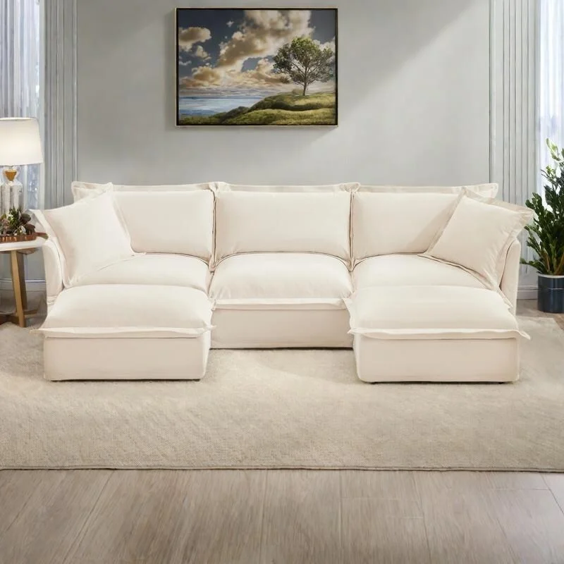 120 U-Shaped Chenille Sectional Sofa with 3-Seater and French Edge Pillows & Cloud Cushions