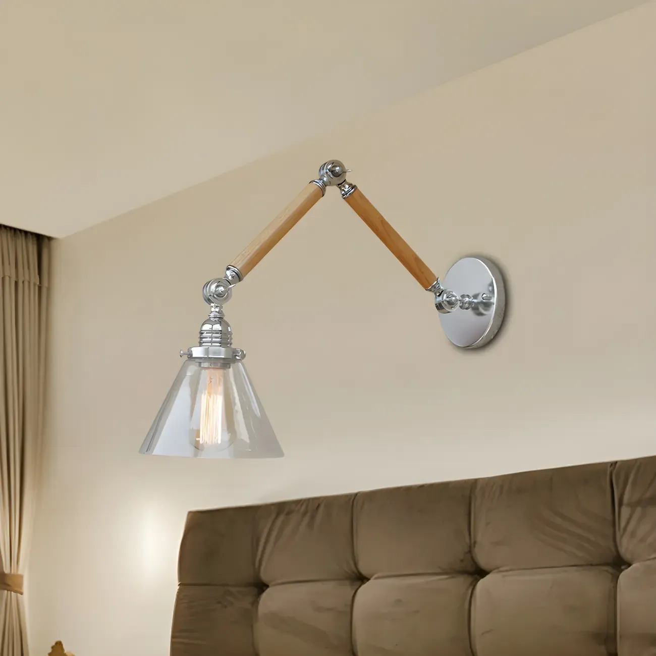 Vintage Clear Glass Cone Shade Wood Metal Swing Arm Wall Light