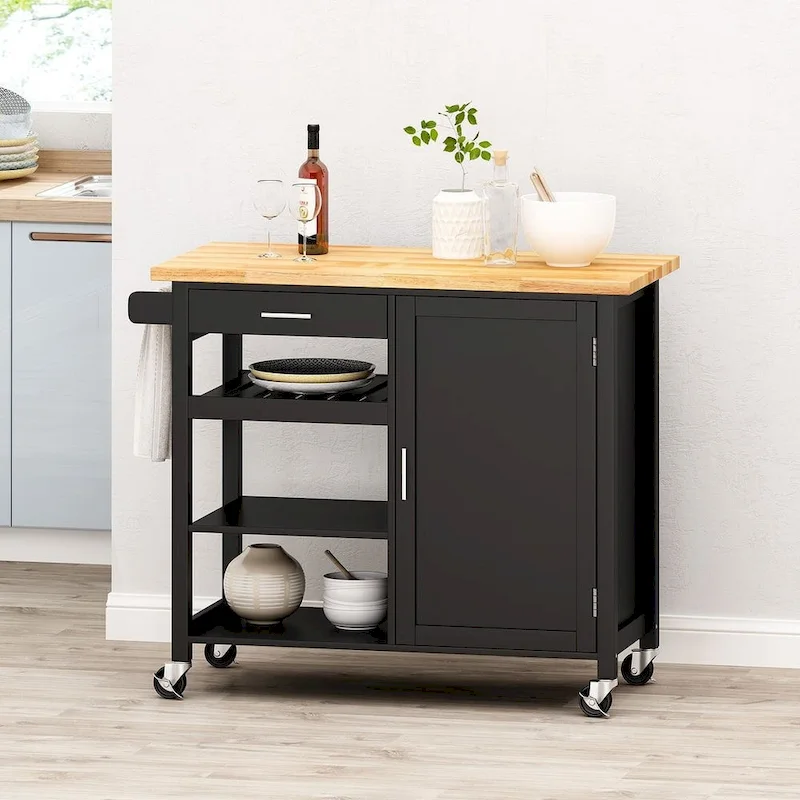 Modern Wooden Kitchen Cart (with Wheels, Drawer, and Storage Cabinet)