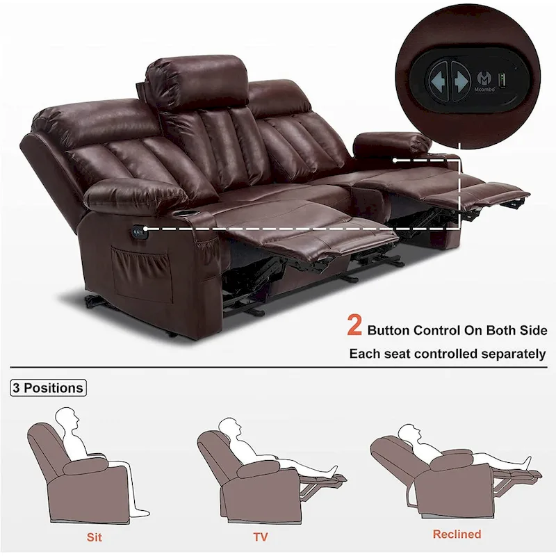 MCombo Electric Power Reclining Sofa with Heat & Massage, Faux Leather 6095/6075/6077