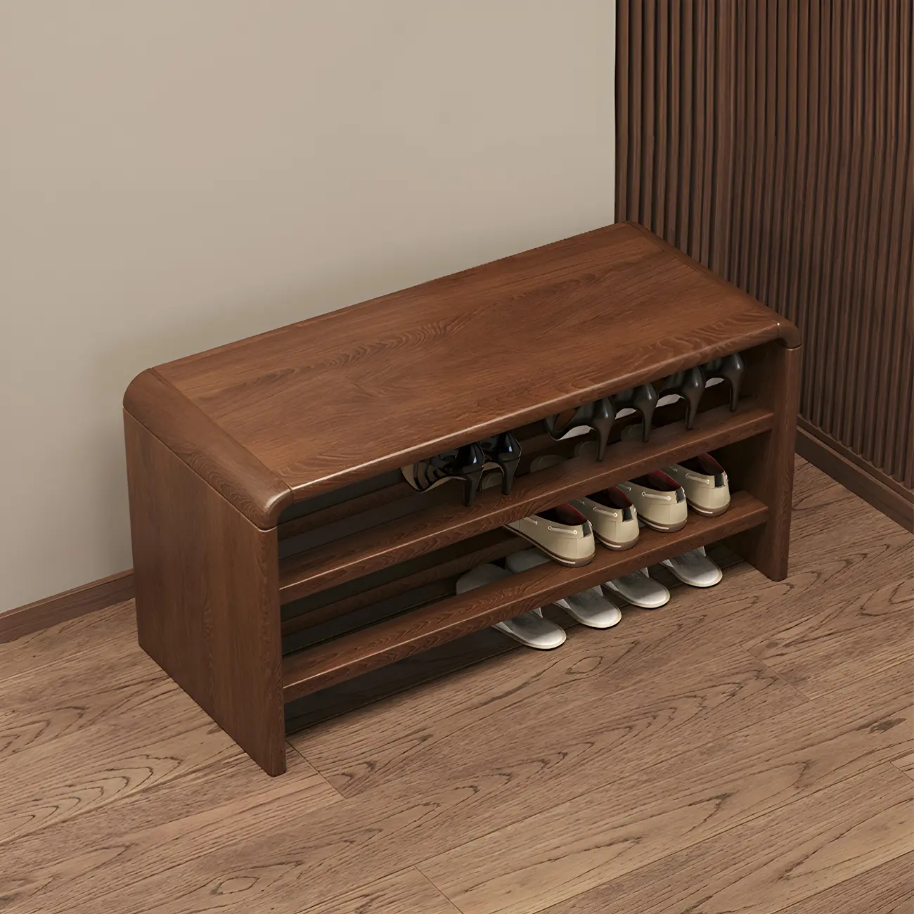 Entryway Brown Solid Wood 3-Tier Shoe Rack Bench