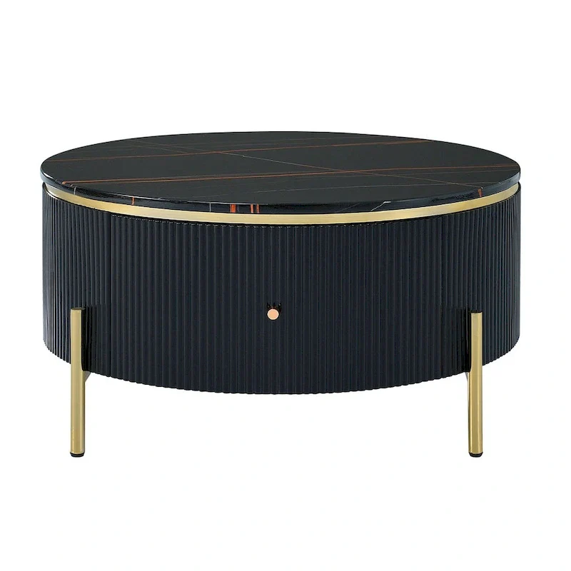 Modern Round Coffee Table with 2 Large Drawers Storage Accent Table with Marble-patterned Tabletop