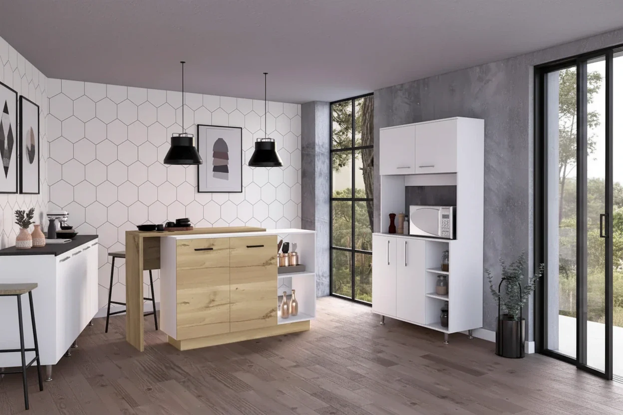 Kitchen Island & Pantry Cabinet with 6 Shelves - White & Light Oak