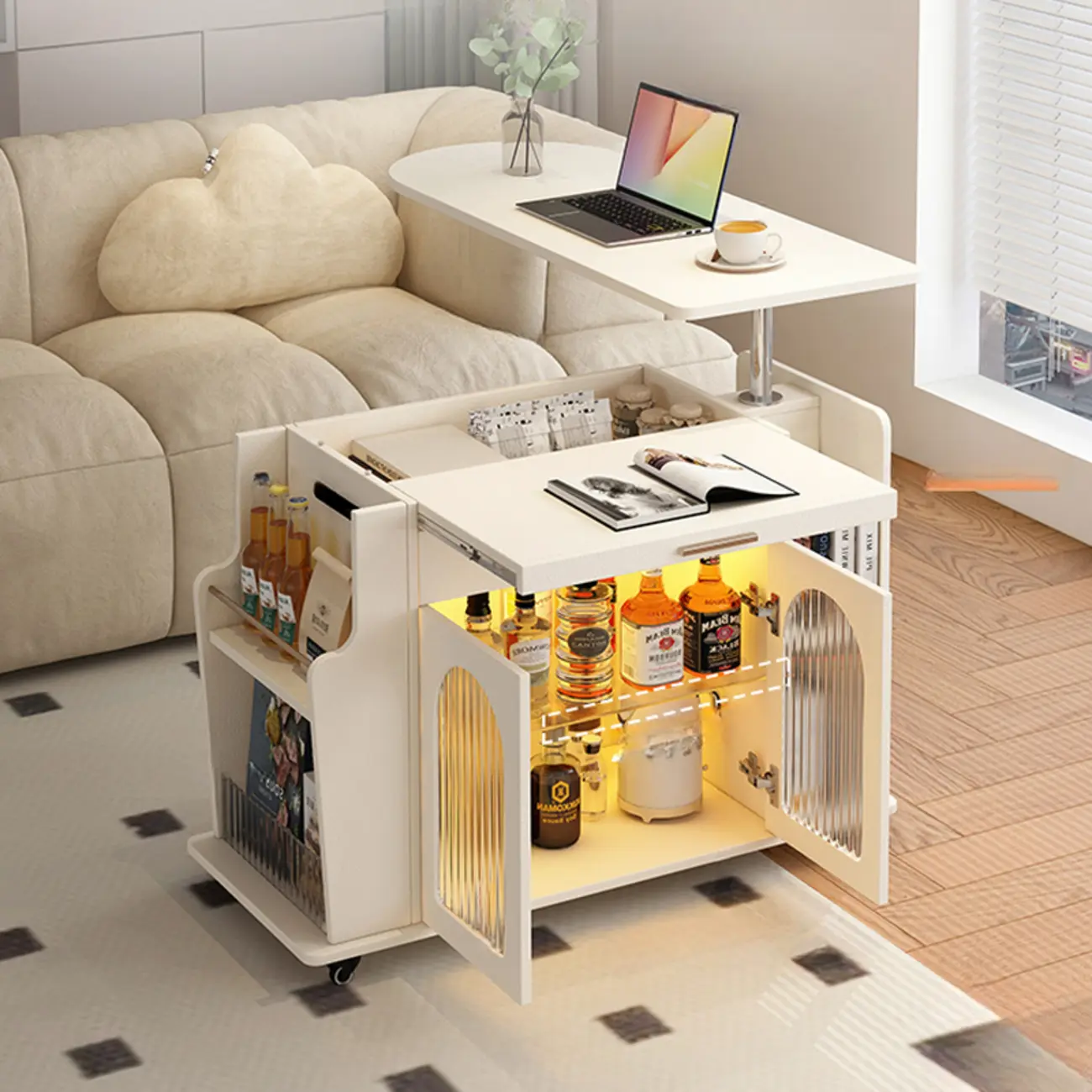 Adjustable White Wood Multi-Functional Side Table with Wheels