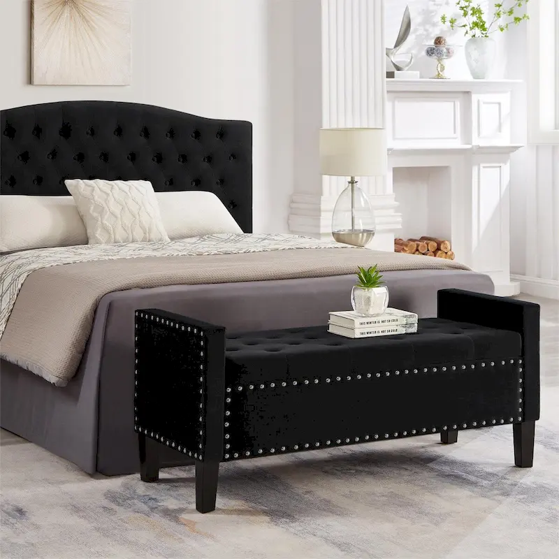 Black / Gray / Beige / Navy Velvet Tufted Storage Bench, Single Seat