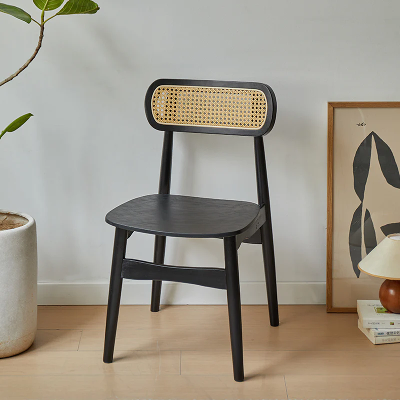 Rustic Black Wooden Armless Dining Chair with Handwoven Back