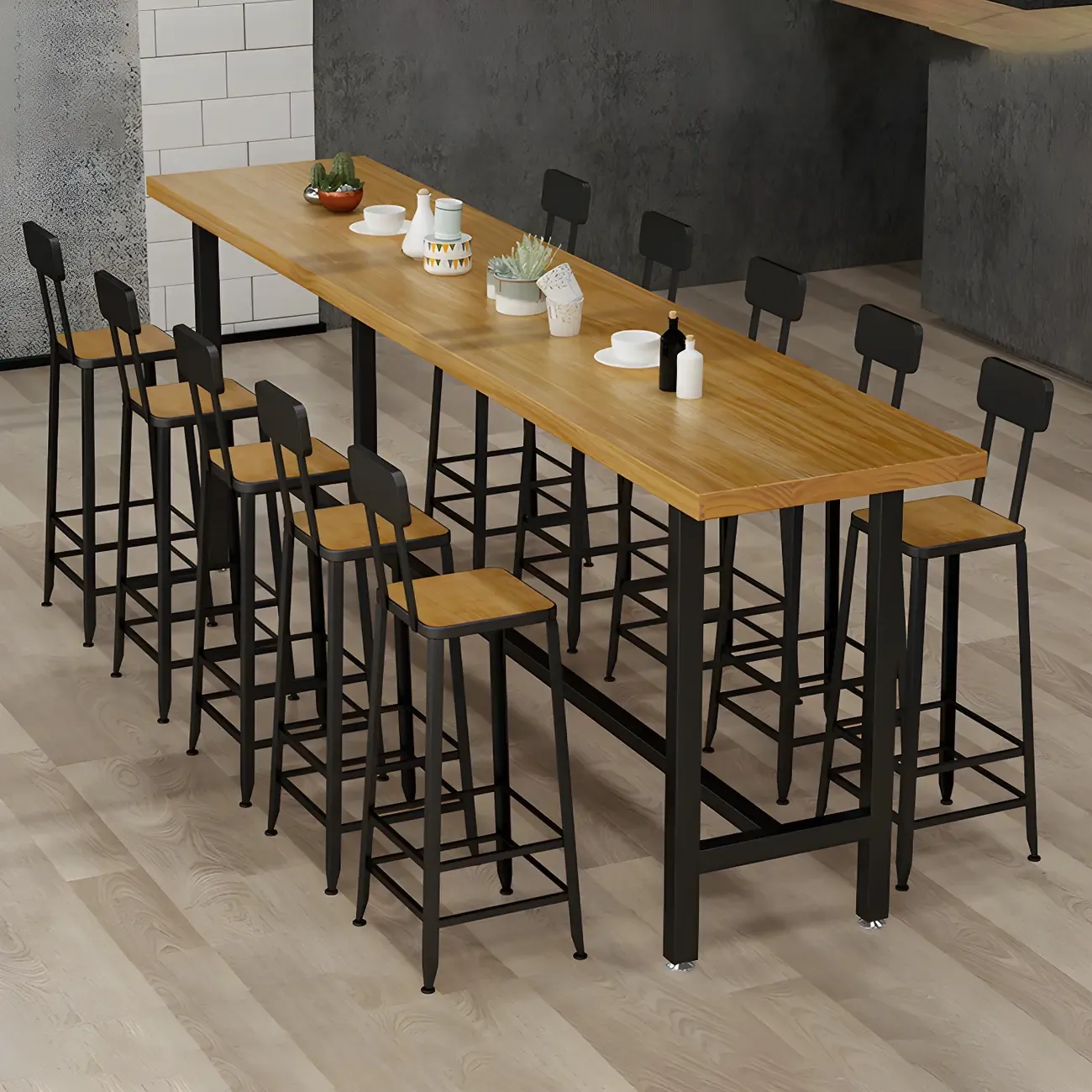 Rectangular Iron Frame Trestle Wood Bar Table with Footrest