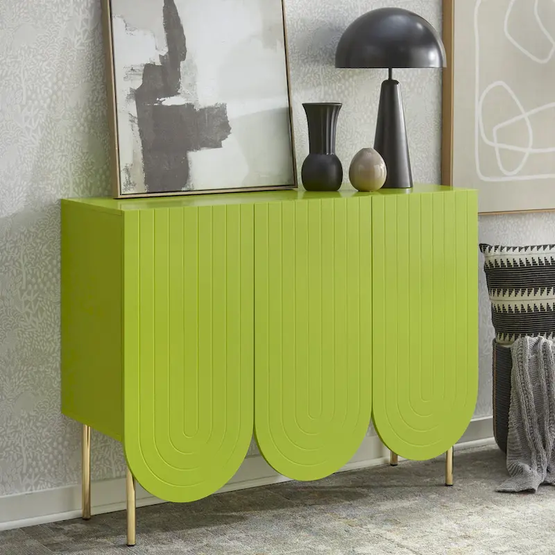 White / Pink / Indigo 3-Door Scalloped Mid-Century Sideboard, 2-Person Assembly