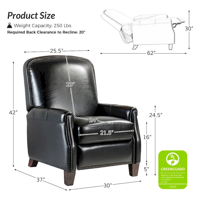 Modern Retro Genuine Leather Recliner with Nailhead Trim & Wooden Frame