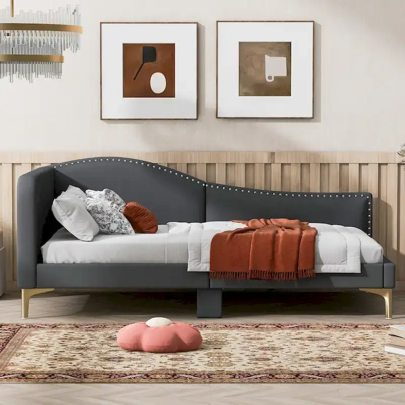 Upholstered Chaise Lounge Side Daybed with Curved Nailhead Trim Guardrail and Headboard, Platform Bed Sofa Bed Recliner Chairs