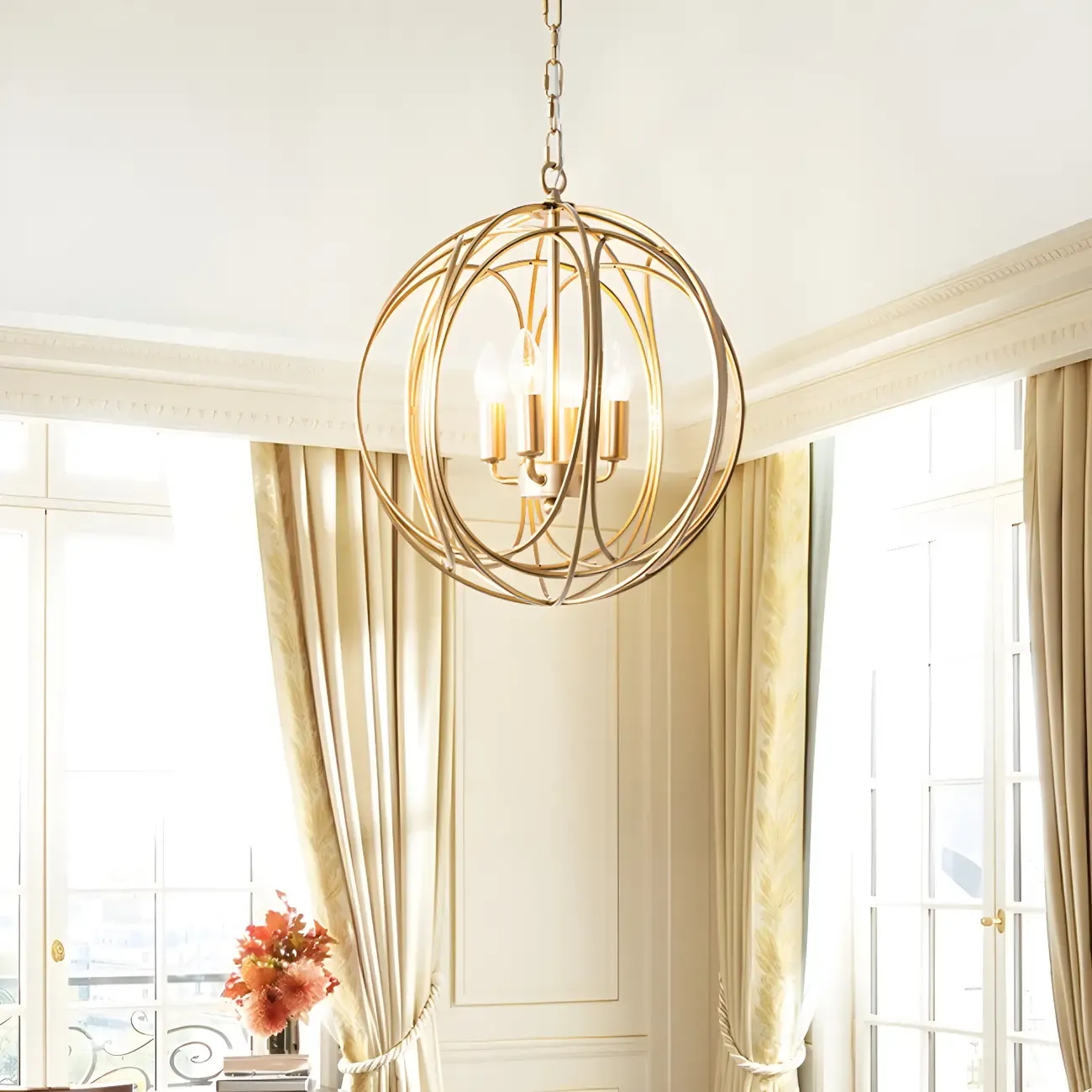 Gold Spherical Metal Cage Candle Chandelier