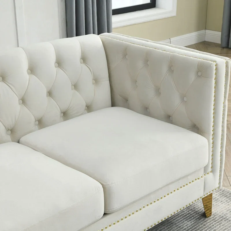 Velvet Upholstered 3 Seat Sofa,  Tufted Square Arm Sofa with Nailheads and Metal Legs