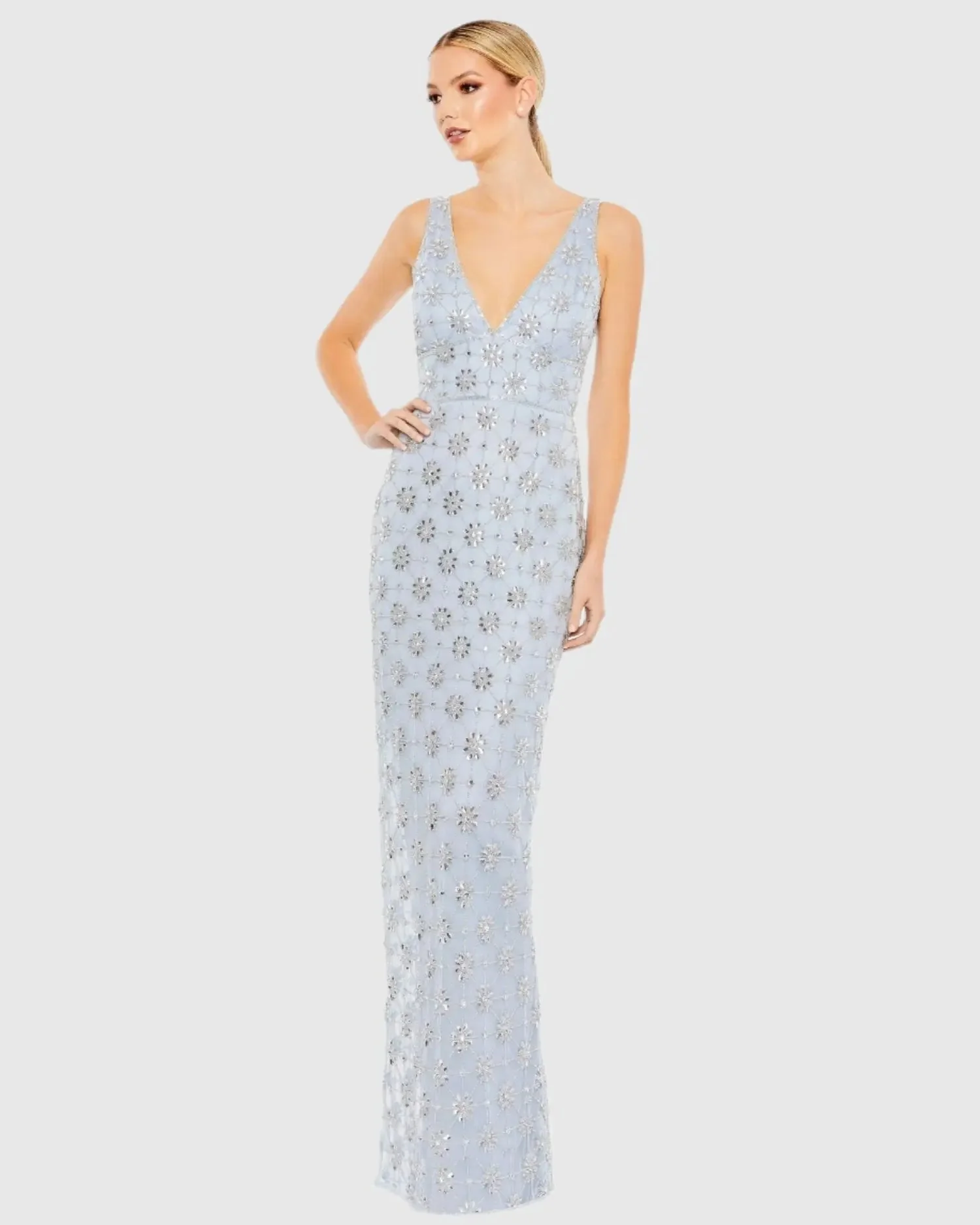 Blue Embellished Sleeveless V Neck Gown
