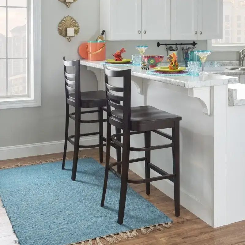 Ladder Back Solid Wood Bar Stool, Brown/White, Set of 2