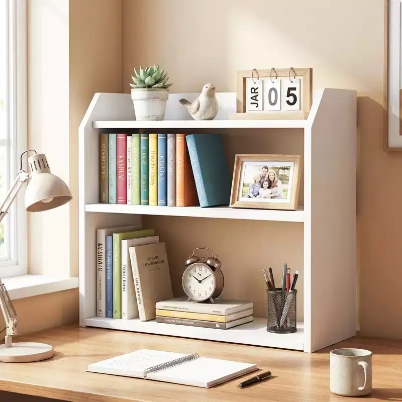 Costway 3-Tier Desktop Bookshelf w/Raised Top Guardrails Space-Saving Desk Display Shelf