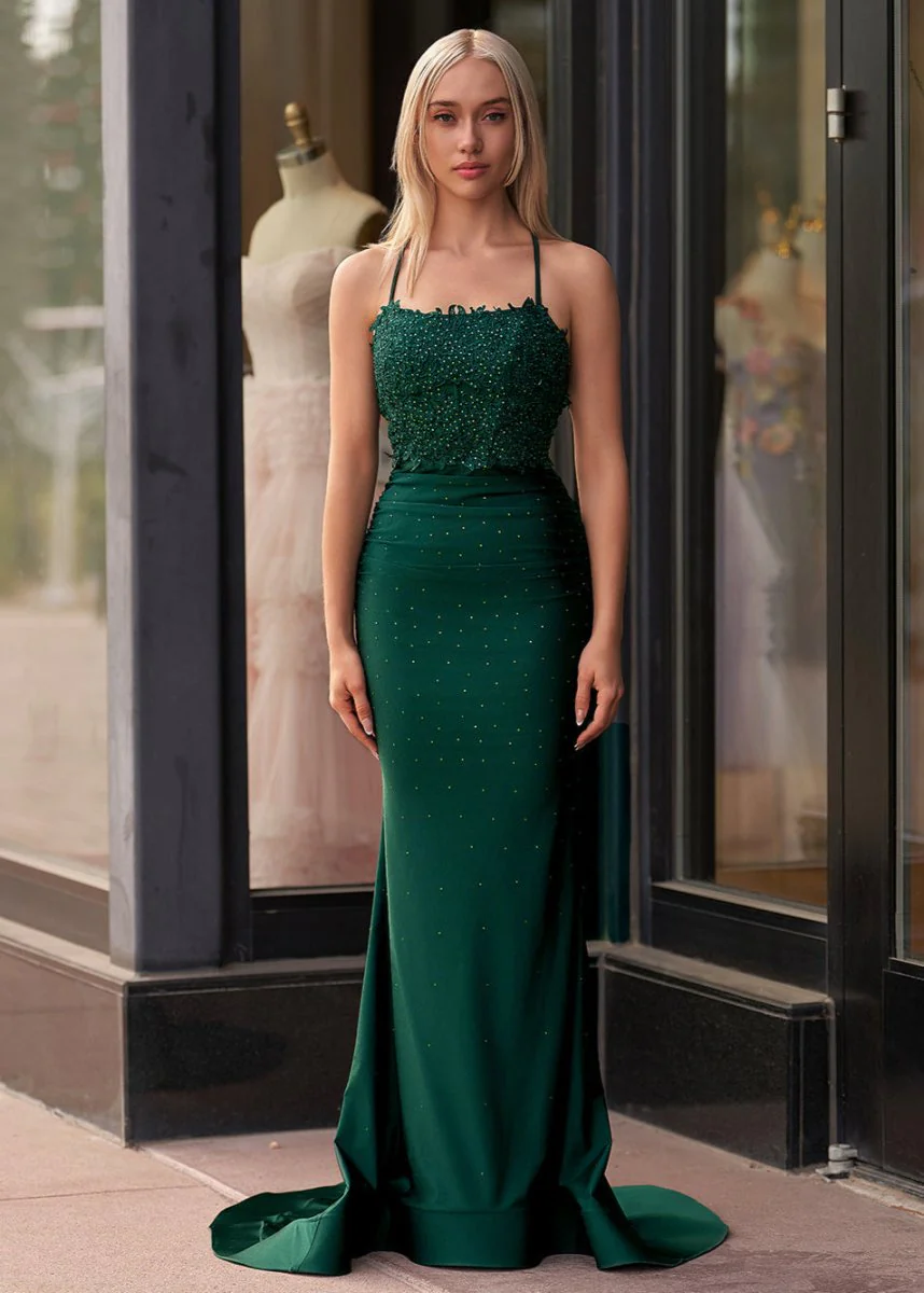 Mermaid Spaghetti Straps Dark Green Long Prom Dress with Appliques