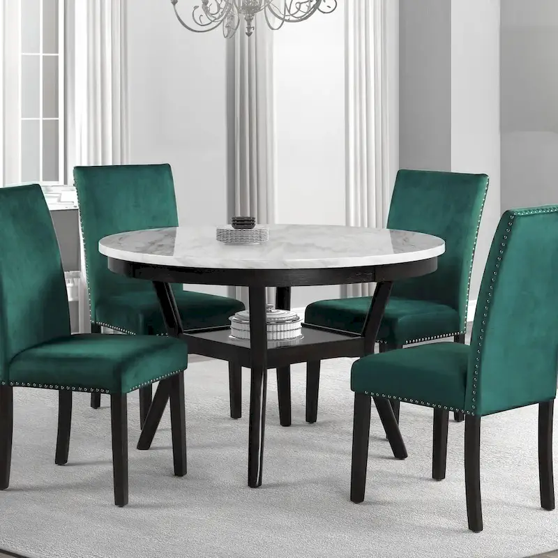 47 Inch Round Dining Table with Faux Marble Top, White and Brown