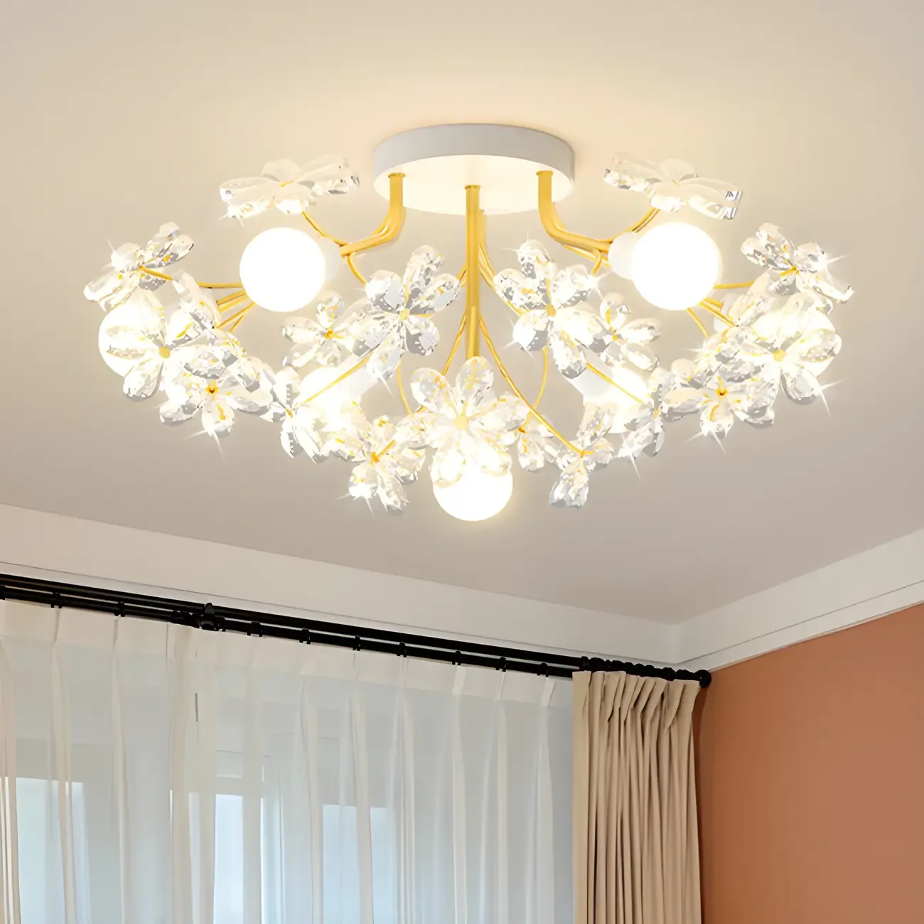 Elegant Floral Crystal Golden Semi Flush Ceiling Light