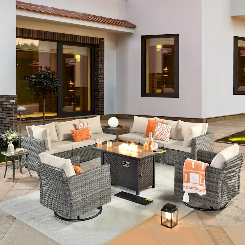 HOOOWOOO 11-piece Rattan Wicker Outdoor Furniture Set Swivel Chairs with Fire Pit