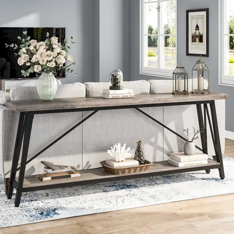 Rustic Brown Industrial Console Table with 2-Tier Storage