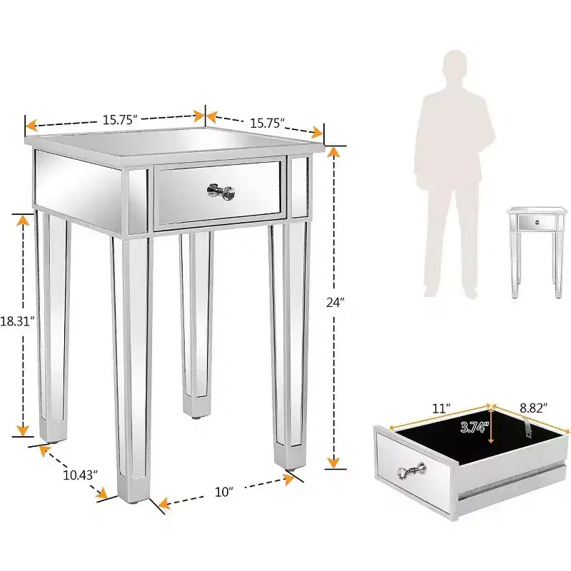 Karl Home Silver Mirrored Finish MDF Nightstand with 1 Drawer 15.7 Inch Width