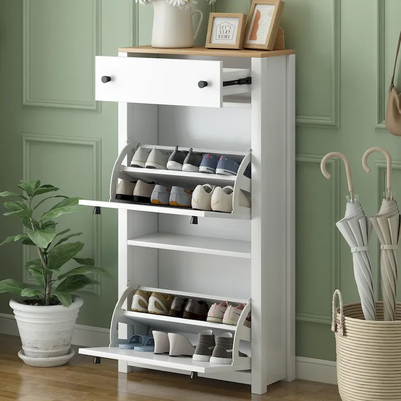 White Flip Drawer Shoe Cabinet, Holds 12 Pairs, 2-Person Assembly