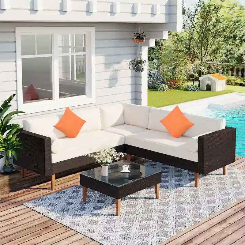 4-Pieces Outdoor L-shape Wicker Sofa Set with Colorful Pillows