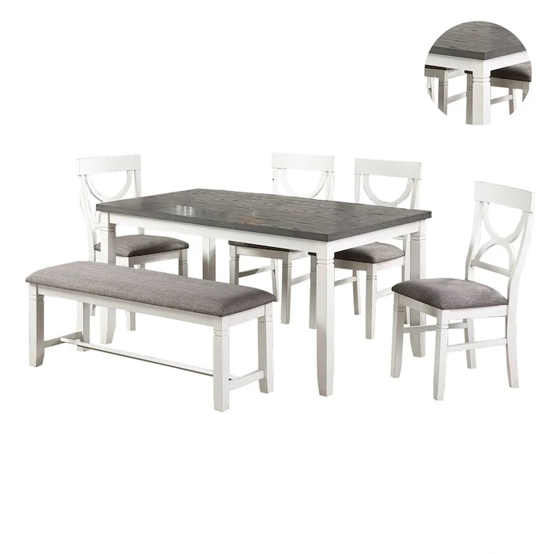 6 Piece Dining Set with Cut Out Back Chairs and Padded Bench, White and Gray