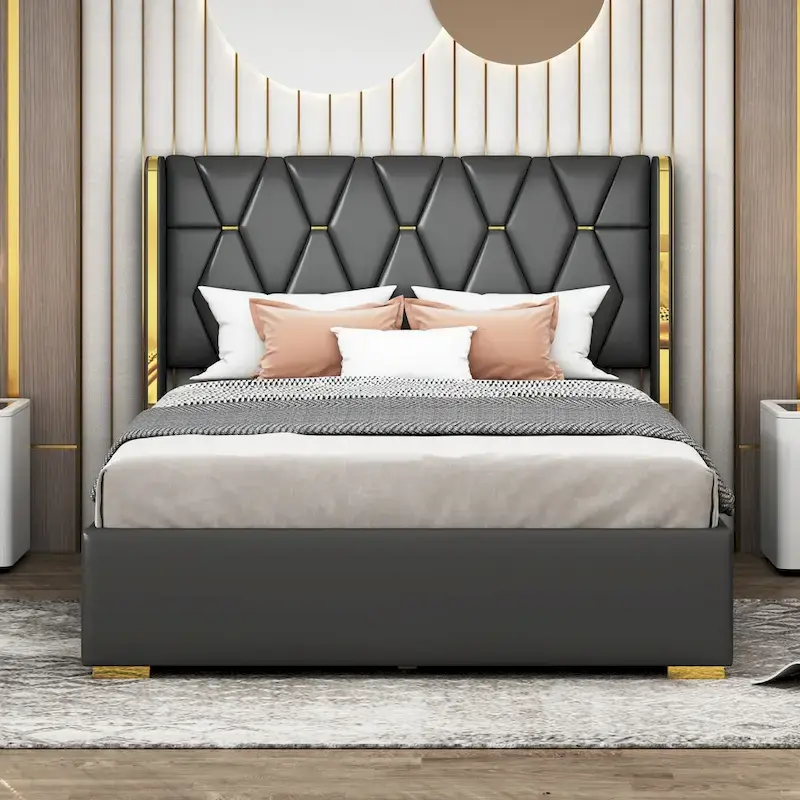 Black PU Upholstered Full Size Platform Bed with Metal Strip Detail – 1 or 2 Person